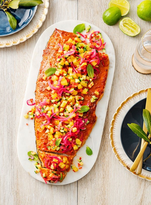Grilled Korean glazed salmon with fresh mango and cucumber salsa