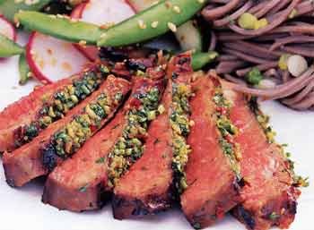 Grilled, Korean-style steaks with spicy cilantro sauce