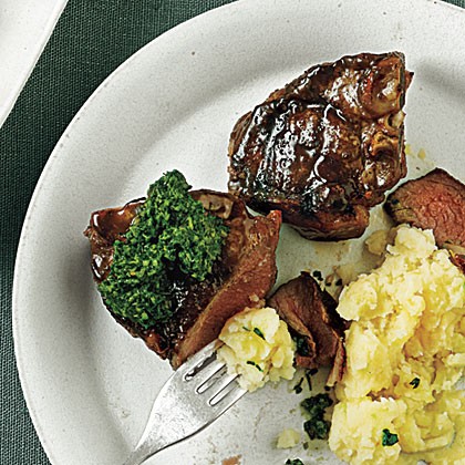 Grilled lamb chops and mint chimichurri with buttermilk mashed potatoes