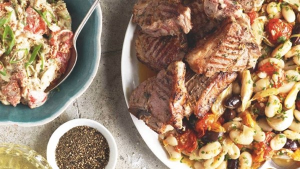 Grilled lamb chops with butter beans and roasted cherry tomatoes