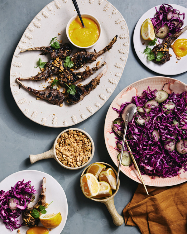 Grilled lamb chops with cabbage and mango hot sauce