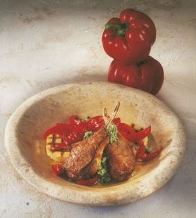Grilled lamb chops with cilantro & goat cheese pesto & peppers