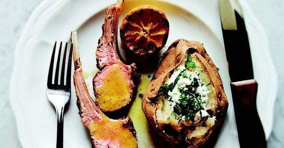 Grilled lamb chops with loaded baked potatoes