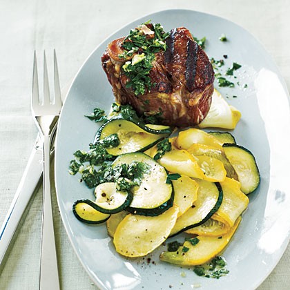 Grilled lamb chops with roasted summer squash and chimichurri
