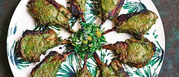 Grilled lamb cutlets in spicy green miso
