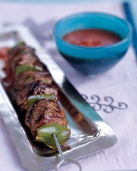 Grilled lamb kebabs with smoky tomato sauce