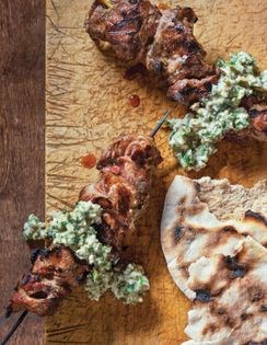 Grilled lamb kebobs with walnut-herb sauce