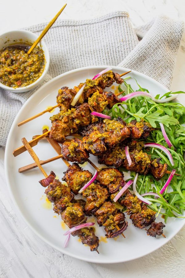 Grilled lamb skewers with Haitian epis