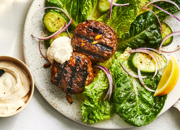 Grilled lamb sliders with romaine salad and yogurt-tahini sauce