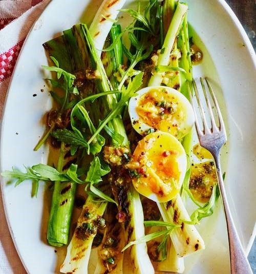 Grilled leek and egg salad with mustard and caper dressing