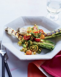 Grilled leeks with leek-tomato salad & citrus dressing