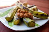 Grilled leeks with romesco sauce