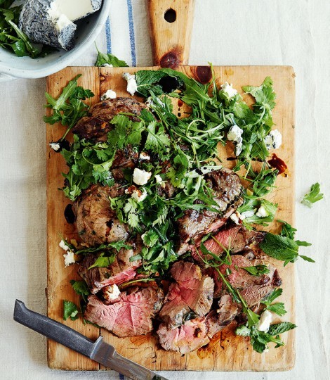 Grilled leg of lamb with British goat's cheese and herb salad
