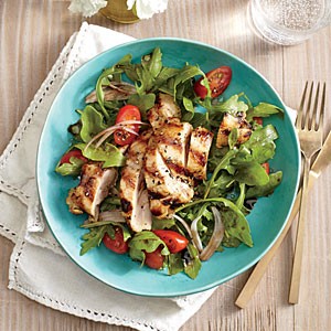 Grilled lemon-Dijon chicken thighs with arugula salad