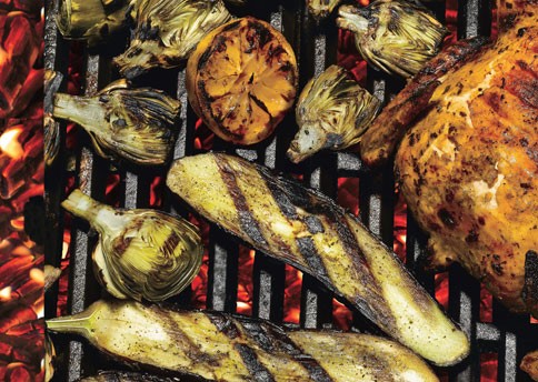 Grilled lemons, baby artichokes, and eggplant