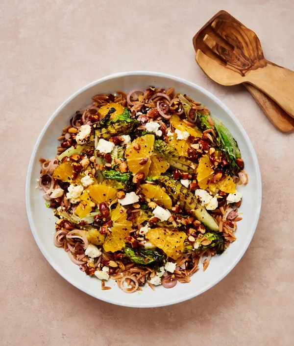 Grilled lettuce with orange, almond and feta