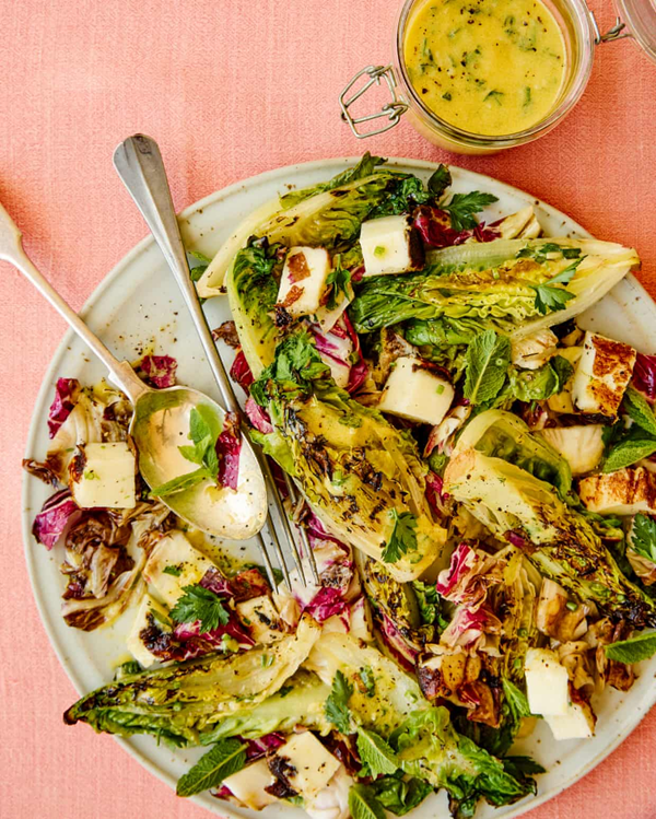 Grilled lettuces and halloumi and sherry vinaigrette