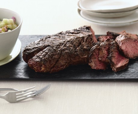 Grilled lime-curry-rubbed hanger steak with fresh melon-cucumber chutney