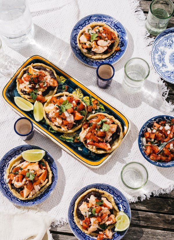 Grilled lobster sopes with black bean purée and pico de gallo