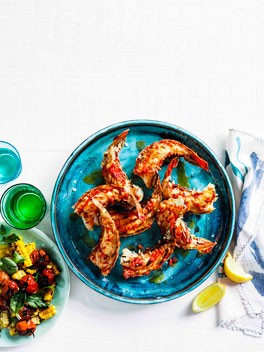 Grilled lobster tails with roast chilli butter and corn salad