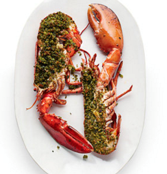 Grilled lobster with pesto crumbs