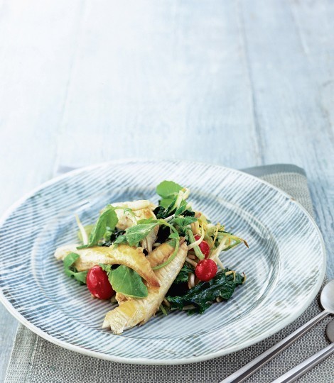 Grilled mackerel salad with miso dressing