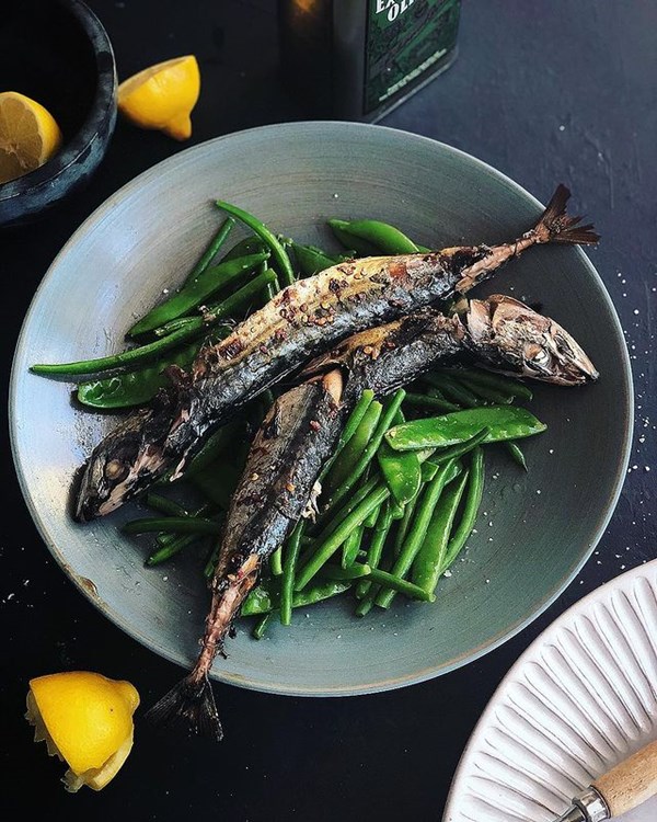 Grilled mackerel with a sweet chilli glaze on mixed bean salad