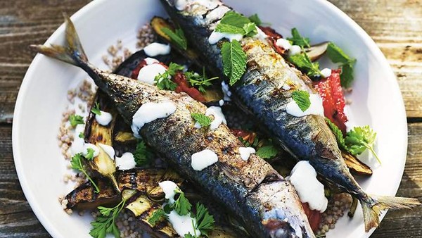 Grilled mackerel with barley, eggplant and garlic yoghurt