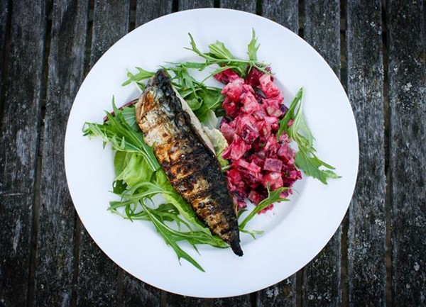 Grilled mackerel with beetroot and new potato salad