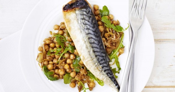 Grilled mackerel with chickpea salad