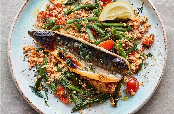 Grilled mackerel with couscous, beans, tomatoes & dill