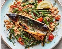 Grilled mackerel with couscous, beans, tomatoes & dill