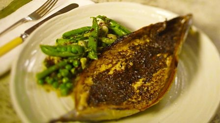 Grilled mackerel with dulse butter and summer veg stew