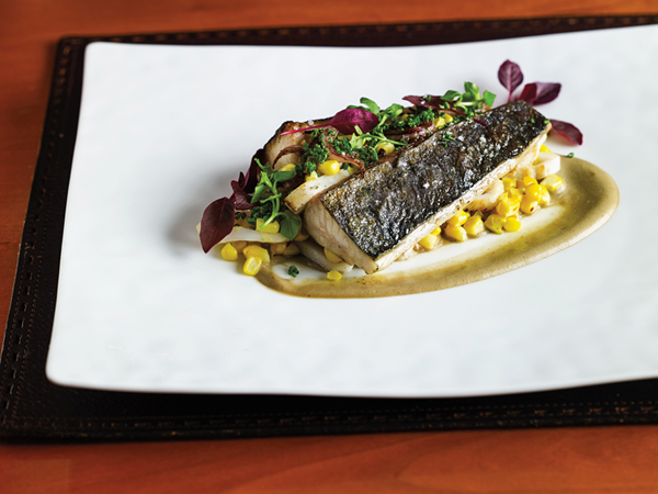 Grilled mackerel with fairytale eggplants, corn & calamari