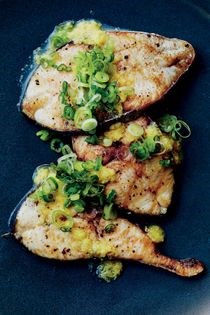 Grilled mackerel with ginger, garlic, lime & green onion
