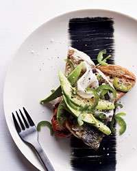 Grilled mackerel with lardo, avocado and jalapeño on toast