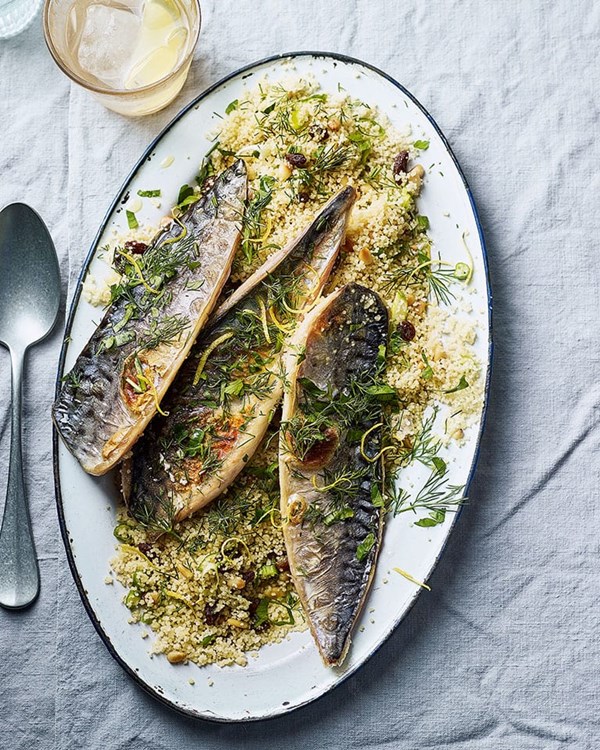 Grilled mackerel with nut, raisin and herb couscous 