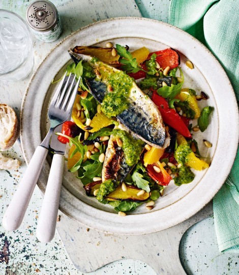 Grilled mackerel with orange & basil-dressed pepper salad