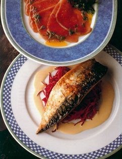 Grilled mackerel with pickled red cabbage and creamy anchovy sauce