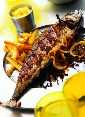 Grilled mackerel with preserved-lemon mayonnaise and parsnip chips