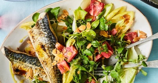 Grilled mackerel with rhubarb and bitter leaf salad