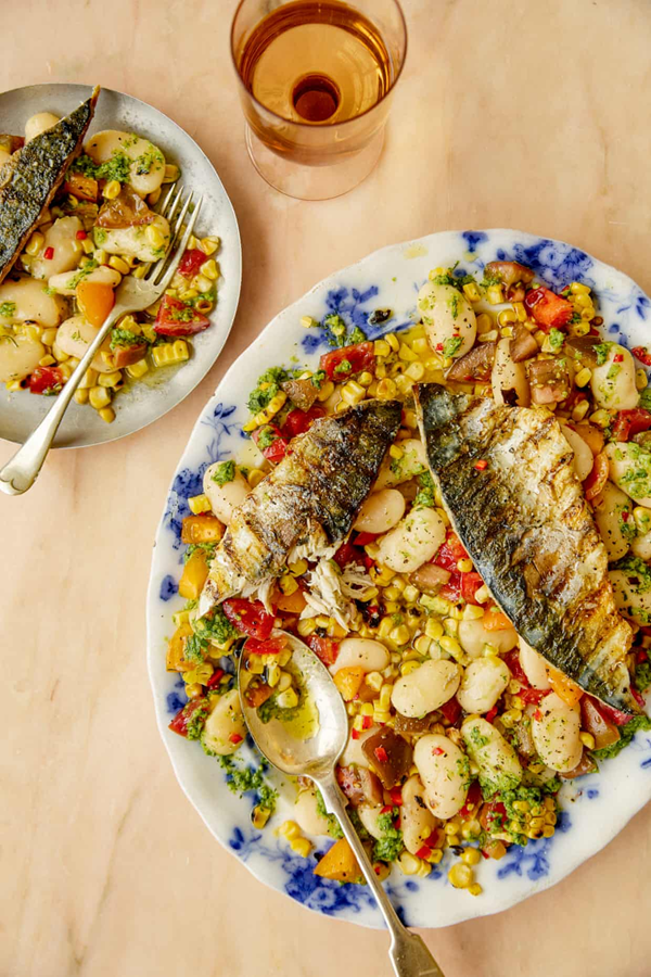 Grilled mackerel with summer butter-bean salad