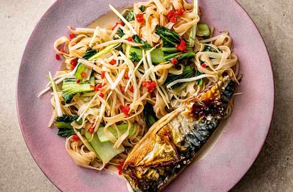 Grilled mackerel with teriyaki noodles