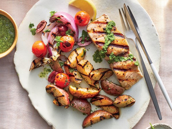 Grilled mahi-mahi with lemon-parsley potatoes