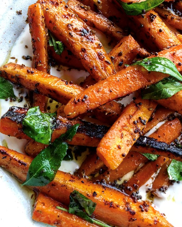 Grilled marinated carrots, strained yoghurt and curry leaves