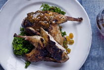 Grilled, marinated partridge with kale