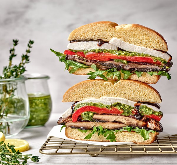 Grilled marinated portobello and roasted red pepper sandwich