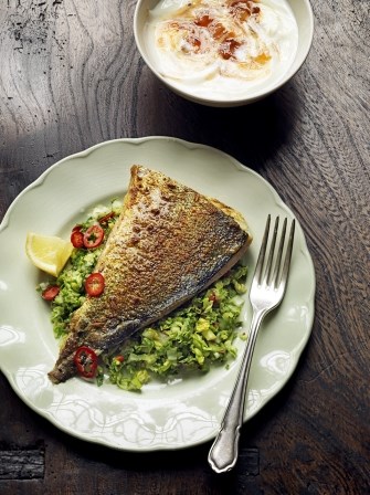 Grilled masala fish with coriander salad, chutney and yoghurt