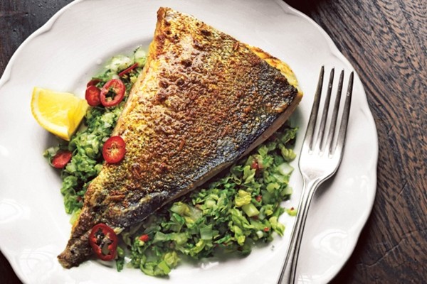 Grilled masala fish with coriander salad, chutney and yoghurt