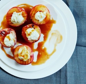 Grilled mascarpone peaches with salted bourbon caramel
